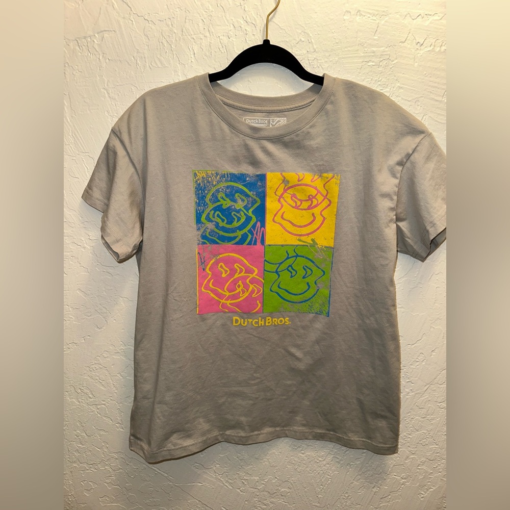 Women’s Large Grey Dutch Bros T-shirt with Neon Smiley-faces